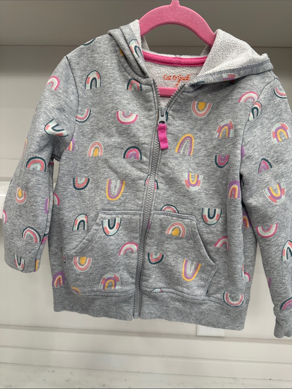 Cat & Jack size 4T Gray Zip-Up Hoodie with Pink, Yellow & Teal Rainbows.
